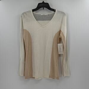 OST Women's Long Sleeve Colorblocked Cotton/Cashmere Sweater - White/Tan - S NWT